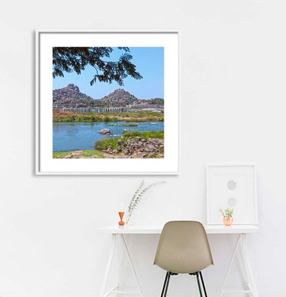 Hampi - Tungbhadra River view with Anjanadri Hill (Colour) (with Frame)