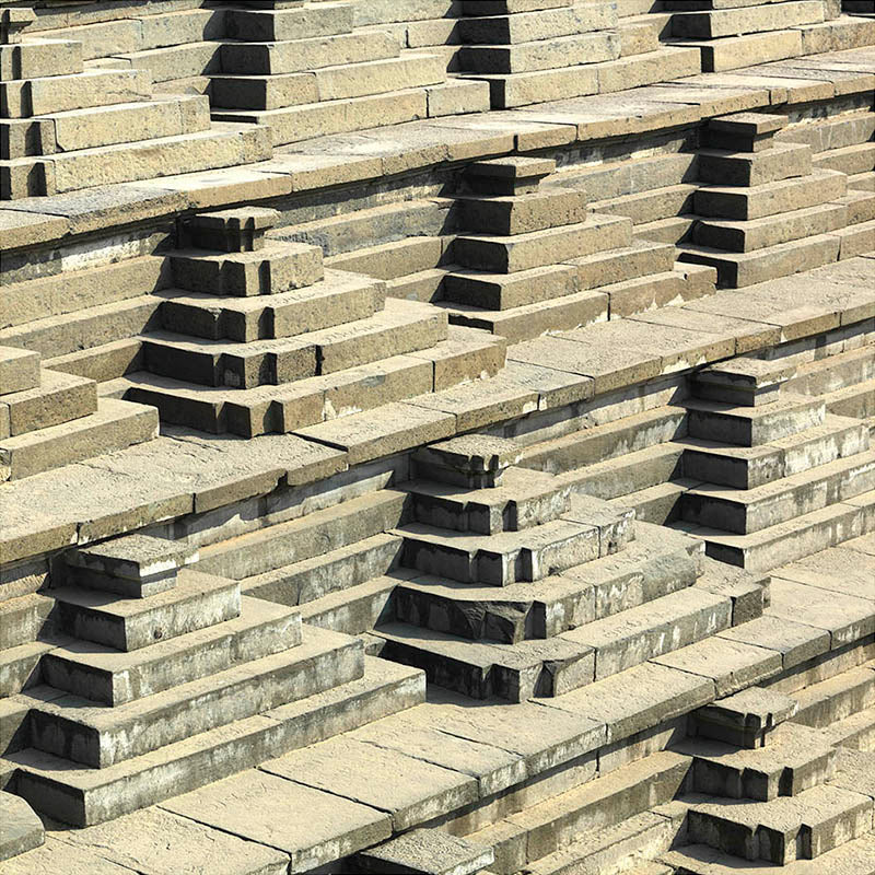 Hampi - Eternal Echoes: Shadows and Stone in Hampi's Geometric Step (with Frame)