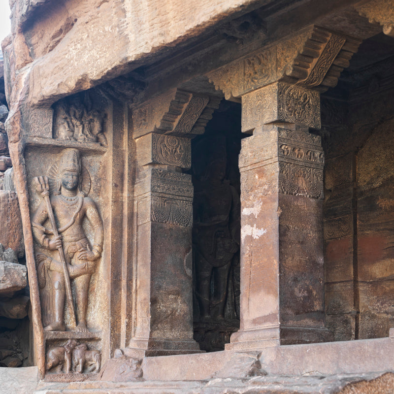 Badami Caves - Sculpture and Pillars (with Frame)