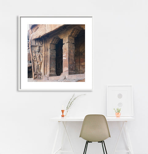 Badami Caves - Sculpture and Pillars (with Frame)