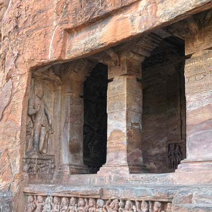 Badami Caves - Sculpture and Pillars (with Frame)