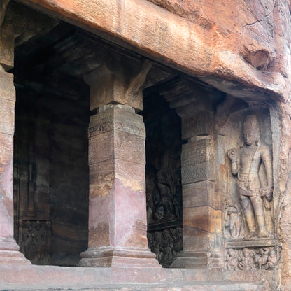 Badami Caves - Sculpture and Pillars (with Frame)