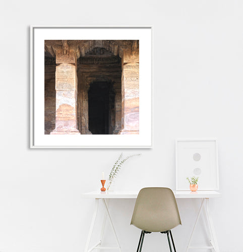 Badami Caves - Sculpture and Pillars (with Frame)