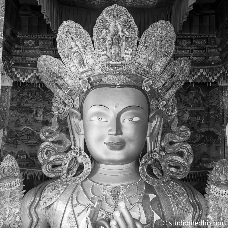 Ladakh - Maitreya Buddha at Thiksey Monastery. It contains a 15 metres (49 ft) high statue of Maitreya Buddha, the largest such statue in Ladakh, covering two stories of the building. Ladakh is most famous for breathtaking landscapes, the crystal clear skies, the highest mountain passes, thrilling adventure activities, Buddhist Monasteries and festivals. (_MG_5908 Ladakh Col)   This Fine Art Photograph is printed on Canvas.