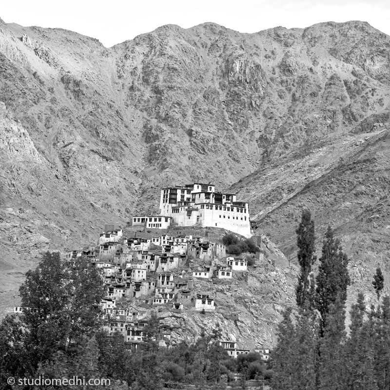 Ladakh - Monastery at Leh. Ladakh is most famous for breathtaking landscapes, the crystal clear skies, the highest mountain passes, thrilling adventure activities, Buddhist Monasteries and festivals. (_MG_6018 Ladakh)   This Fine Art Photograph is printed on Canvas. Available in 9x9 inches, 12x12 inches and 24x24 inches. Customised sizes are also available on request.   Frame Photo shown is for viewing reference only.