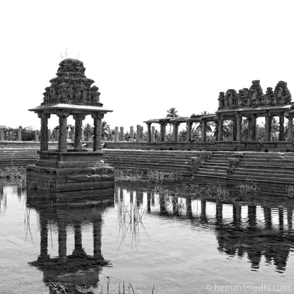 Pushkarini at Hampi, a World Heritage Site situated in  Karnataka, India. (0230Hampi) This is located at Mahanavmi Dibba, Hampi. Indian Heritage, Art and Culture.   A beautiful Pushkarini. Surrounded by water body. 1300th Century.  Fine Art Photography on Canvas Printing Indian Temples Fine Art Culture Carving Stone Black and White black&white B&W World Heritage Site BW Hampi 