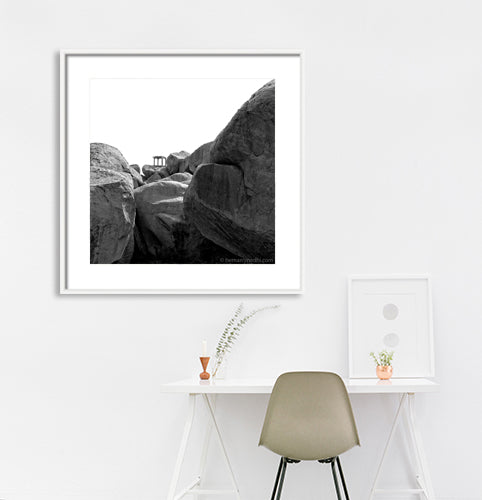 Stone Structure view from Hemkuta. Hampi, a World Heritage Site situated in Karnataka, India. This is located at Hemkuta, Hampi. Indian Heritage, Art and Culture.   This Fine Art Photograph is printed on Canvas.  Fine Art Photography on Canvas Printing Indian Temples Fine Art Culture Carving Stone Black and White black&white B&W World Heritage Site BW Hampi 