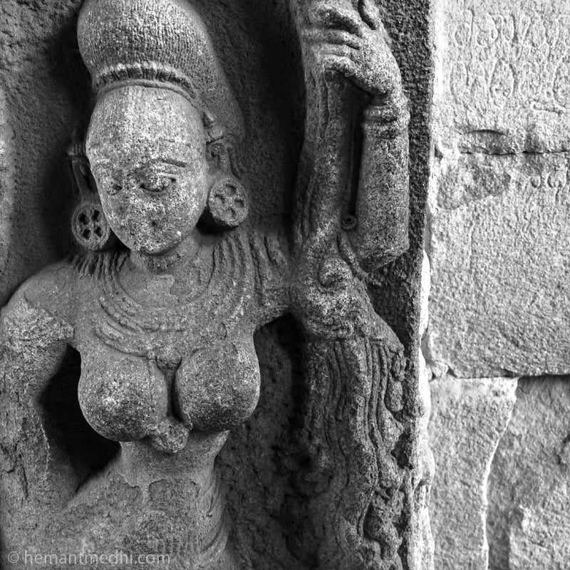 Shalbhanjika at the entrance of the Temple., Hampi. (_MG_6729 Hampi) A Unesco World Heritage Site situated in Karnataka, India. Indian Heritage, Art and Culture.  Fine Art Photography on Canvas Printing Indian Temples Fine Art Culture Carving Stone Black and White black&white B&W World Heritage Site BW Hampi 